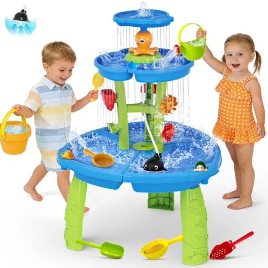 

2026 Toddlers Water Table for Outdoor Summer Play BPA-Free Plastic Blue and Yellow 3-Tier Rain Showers Splash Pond Sensory Acti
