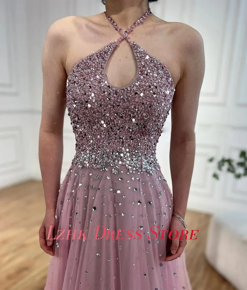 Abito da sera in cristallo con perline di paillettes a trapezio in organza sexy personalizzato Abiti da ballo lunghi senza maniche con scollo all'americana di alta qualità