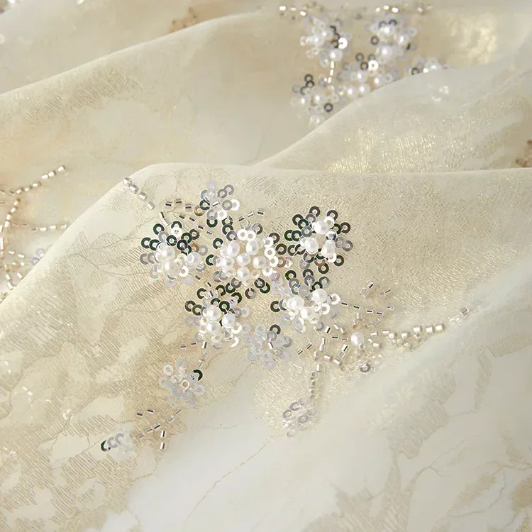 

Абрикосовое золотое кружево снизу + низ из органзы, двухслойная ткань с вышивкой бисером, вечернее платье, свадебное платье, мягкая ткань