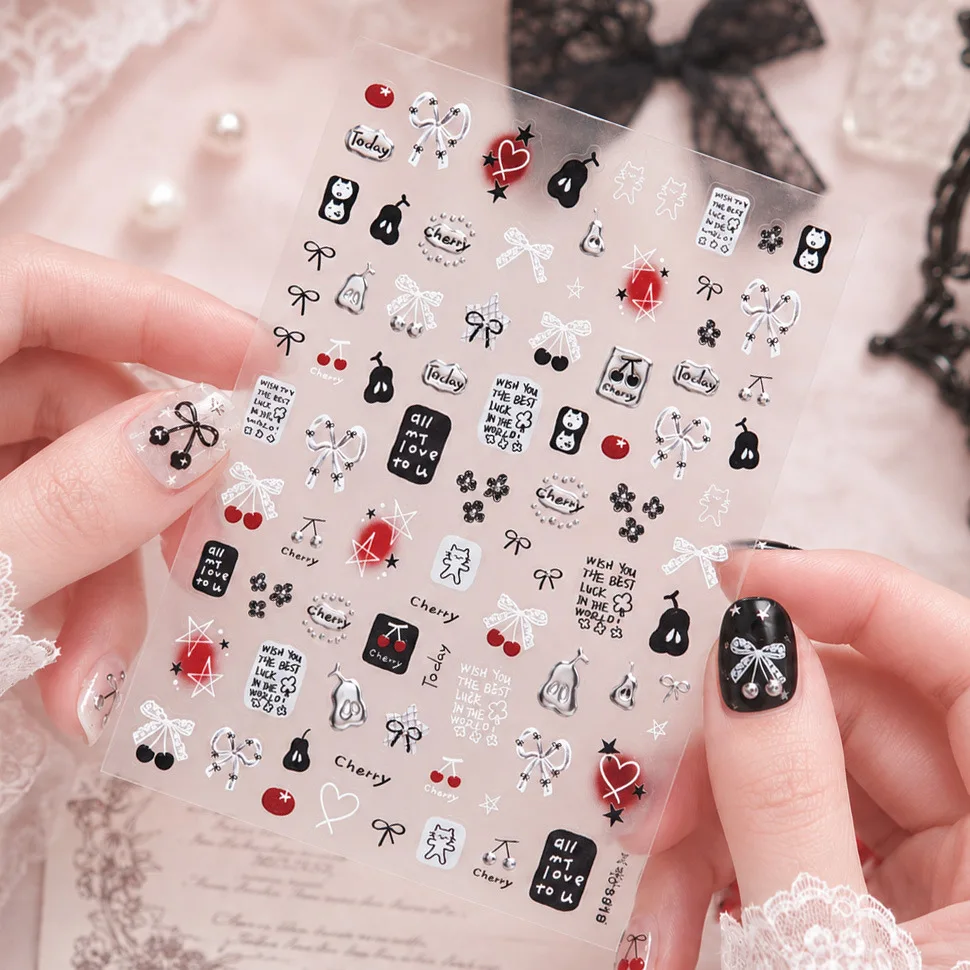 Niedliche Rot-Schwarze Birnen-, Kirschblüten-, Herz-, Katzen- und Stern-5D-Nagelkunst-Aufkleber mit Silberrand und Schleife, Selbstklebende Abziehbilder für DIY-Maniküre