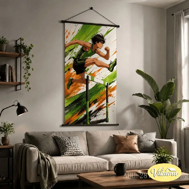 VIKAMA Anime Boy Hurdle Running Tapestry Track Field Sport Green Uniform Dynamic Art Wall Hanging Bedroom Living Room Decor