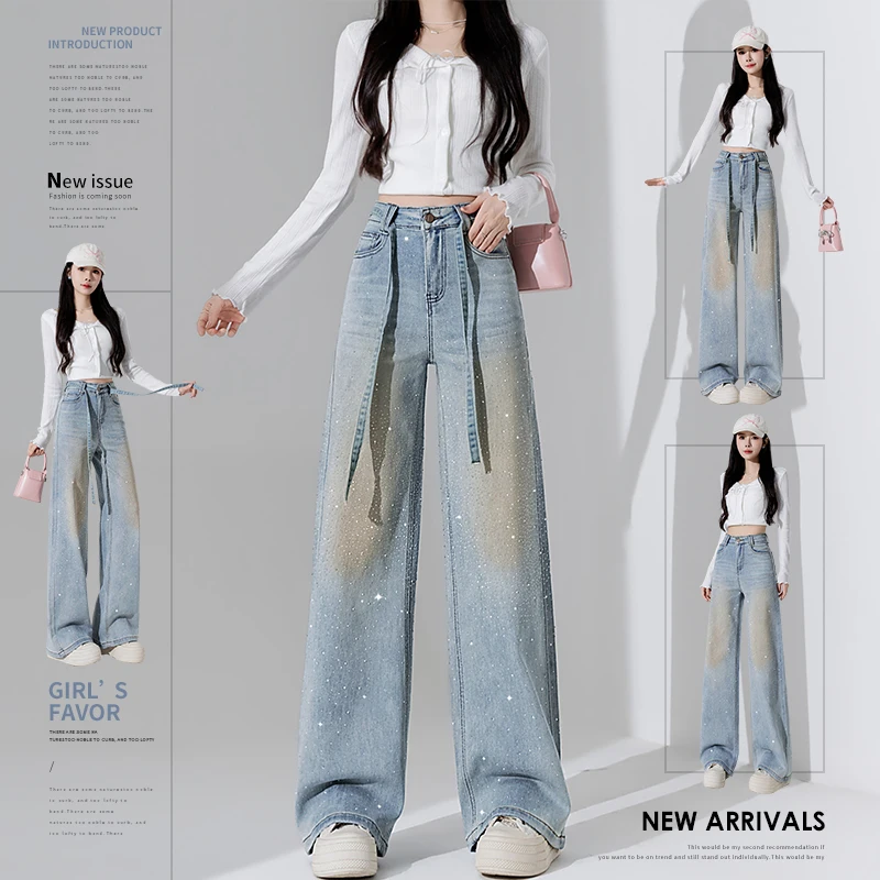 Real-Life Rhinestone Wide-Leg Pants, Y2K Streetwear, Durable Slim-Fit Floor-Length Trousers for Women