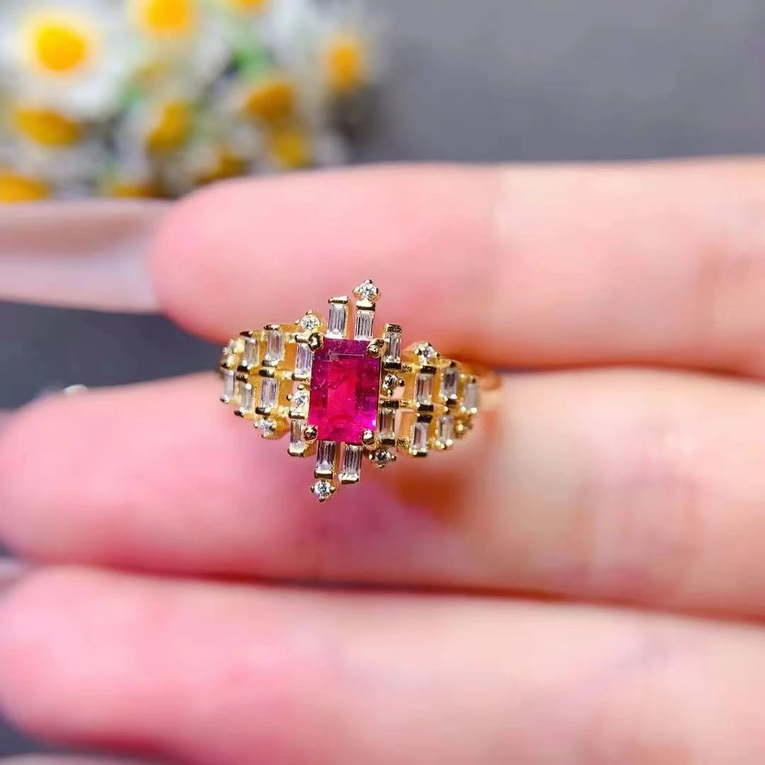 

Sparkling 925 Silver Gemstone Ring 4mm*6mm Natural Pink Ruby Ring 18K Gold Plated Ruby Jewelry