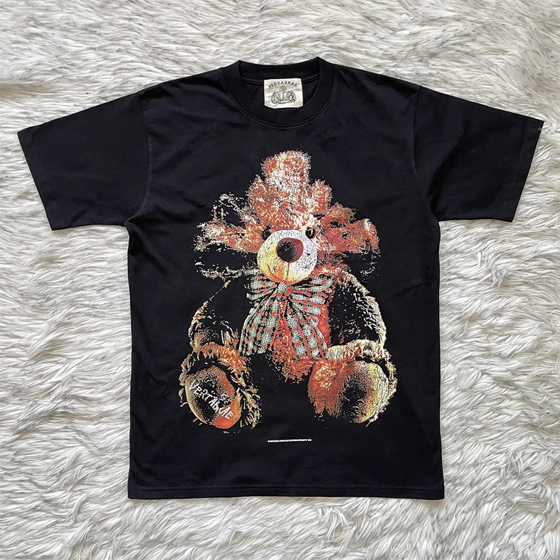 Cartoon Bear Print Pure Cotton Short Sleeve T-Shirt Vertabrae Push Tee Summer Youth Fashion Standard Fit round Neck Tee