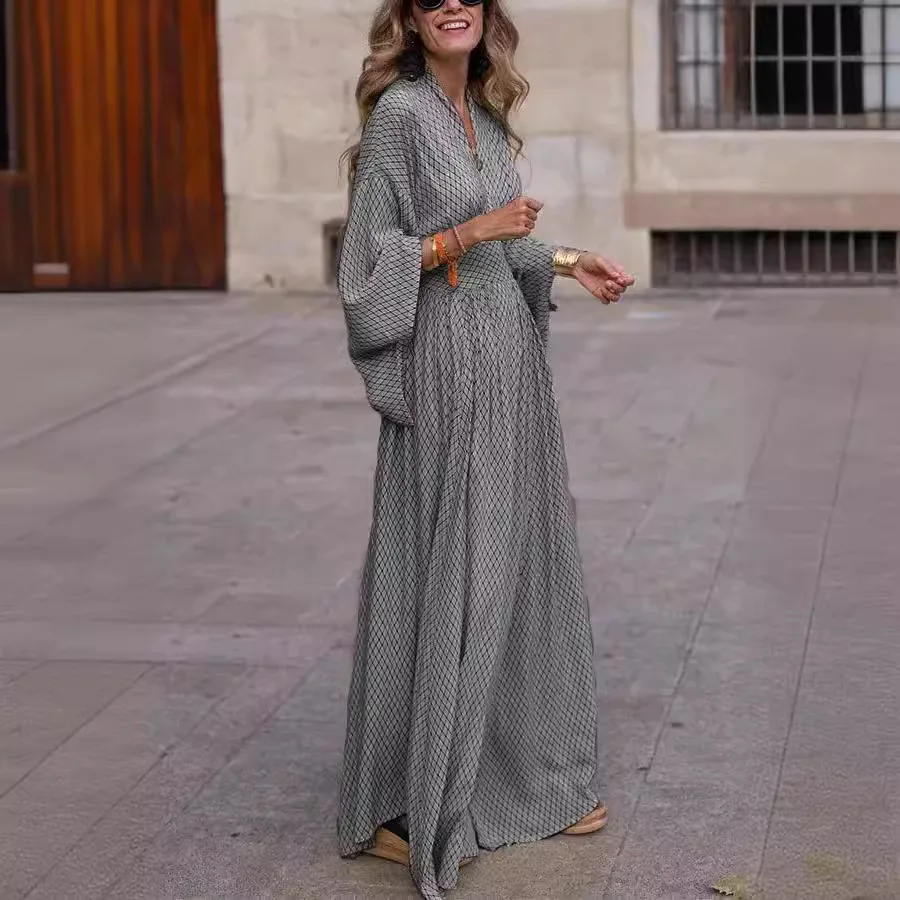 

Boho Sexy V-neck Flare Long Sleeve Maxi Dress Women 2024 Fashion Print Party Dress Elegant High Waist Big Hem Loose Long Dresses