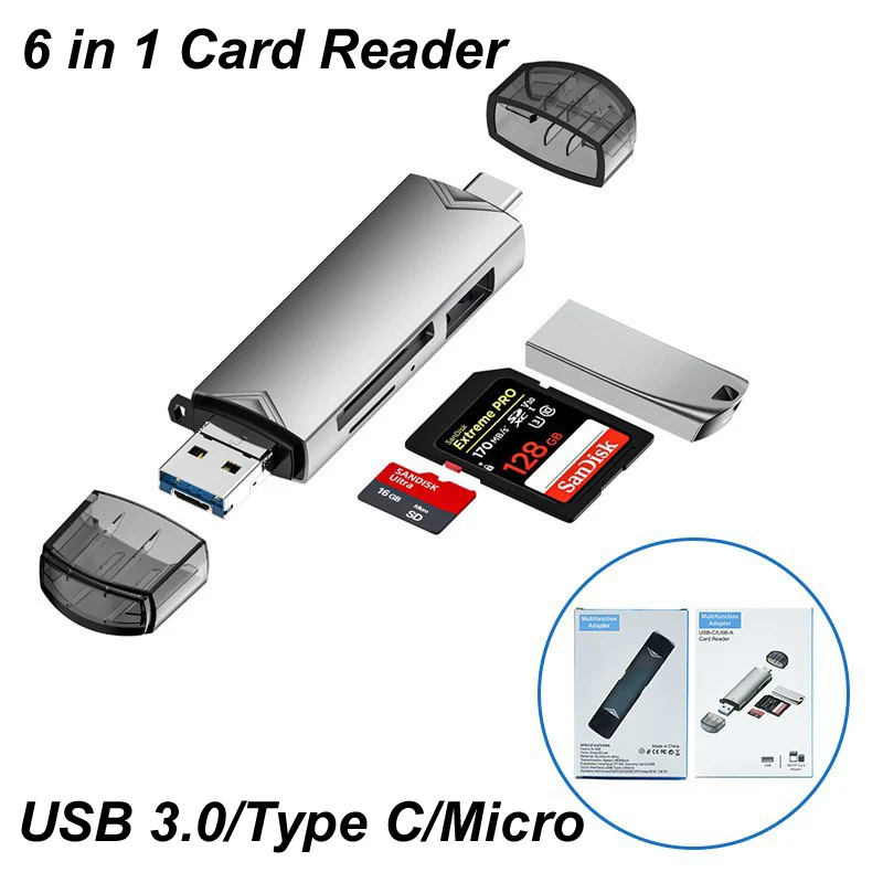 6 in 1 Card Reader with 5Gbps High-speed Transmission for PC Laptop Phone suport USB.30/Type C to read Memory Card SD/TF card