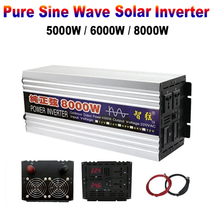 5000W 6000W 8000W Pure Sine Wave Inverter DC 12V 24V To AC 220V 50Hz 60Hz Converter Large Power Dual Output Solar Generator