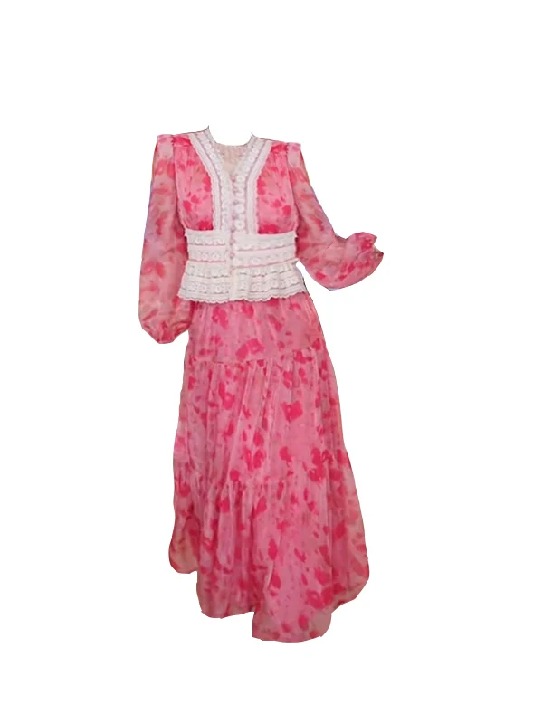 

Ele plus Size Women's Floral Lace irt A-Line Skirt Set Spring Faion Casual Wear Long Sve V-Ne French Sle