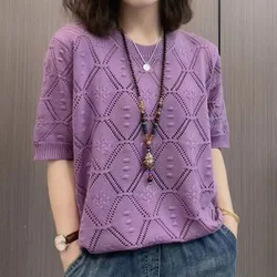 여성 여름 단순 통근 라운드 넥 솔리드 컬러 탑 여성 의류를위한 모든 경기 패션 중공 니트 티셔츠