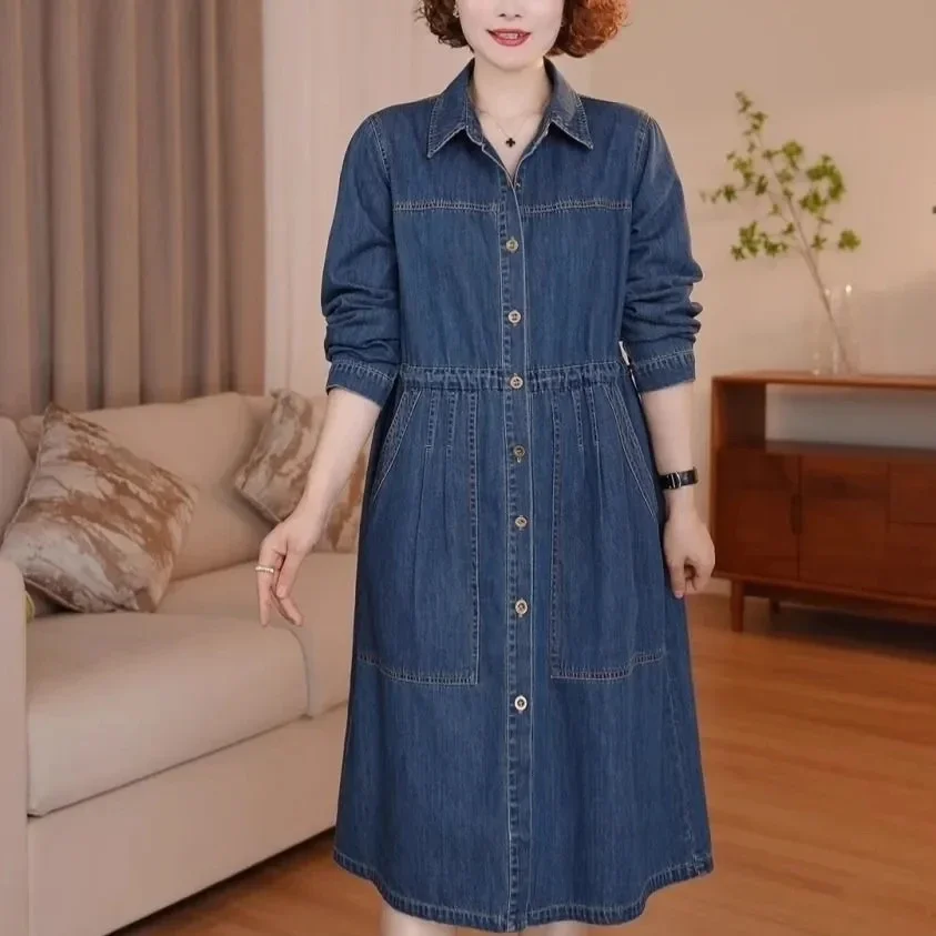 أزياء عارضة قميص الدنيم اللباس الربيع والخريف موسم المرأة الجديدة طويلة الأكمام واحدة الصدر فضفاض XQ318