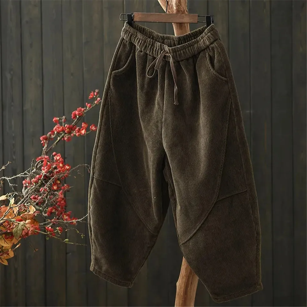 

Fashion Elastic High Waist Corduroy Harem Pants Womens Casual Loose Vintage Mom Trousers Ladies Classic Luxury Elegant Clothes