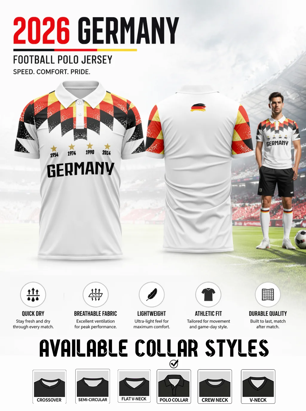 Germany Supporter Soccer Shirt, lightweight athletic fit. Show your pride for Germany national football team