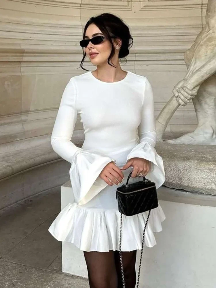 

Fashion Ruffled Bell-Sleeves Mini Dress For Women Round Neck Solid Slim Charm Party Dress 2025 New Women's Bodycon Dress