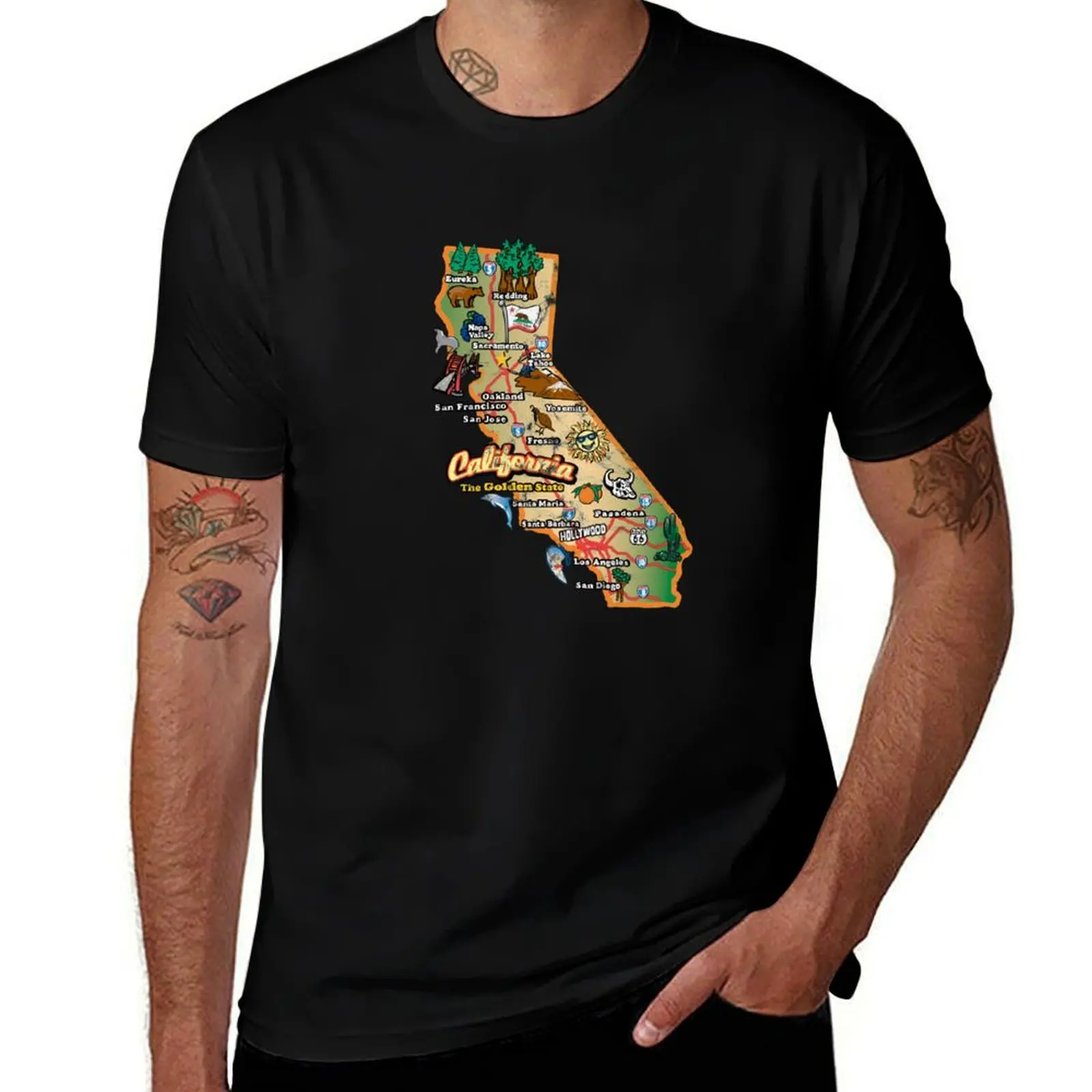 

Vintage California State Map with Pictures (distressed) T-Shirt Non-Shrink Basic Cotton T-Shirt