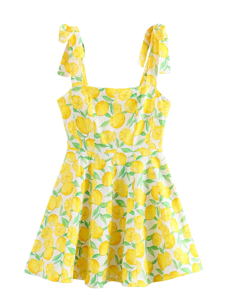 Fashion Lemon Print Mini Suspenders Dress Women Square Neck Sleeveless Pleated Robes 2024 Summer Female Vacation Dresses