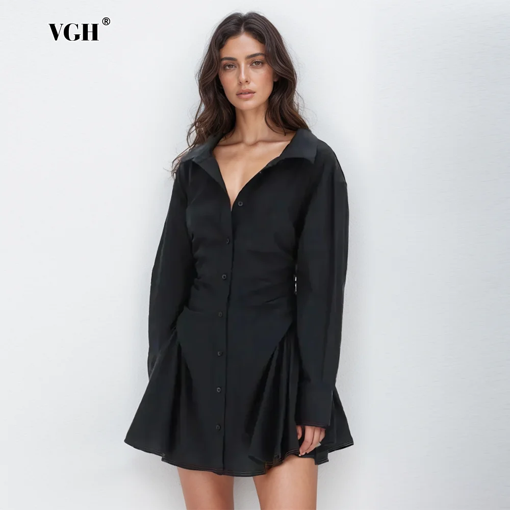 VGH Casual Soild Dresses For Women Lapel Long Sleeve High Wiast Tunic Patchwork Folds Spliced Single Breasted Dress Female Style