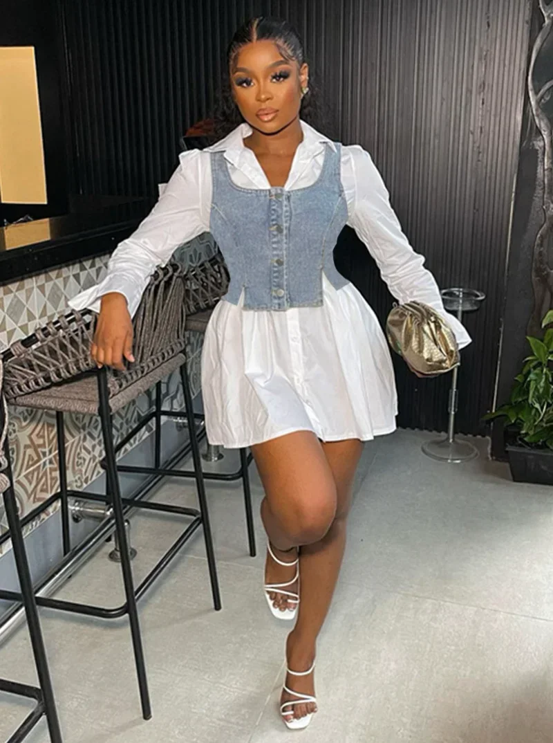 

GUWU Denim Single Breasted Vest and Long Sleeve A-line Shirt Smock Dress Set Fashion Women Matching Two 2 Piece Set Outfits