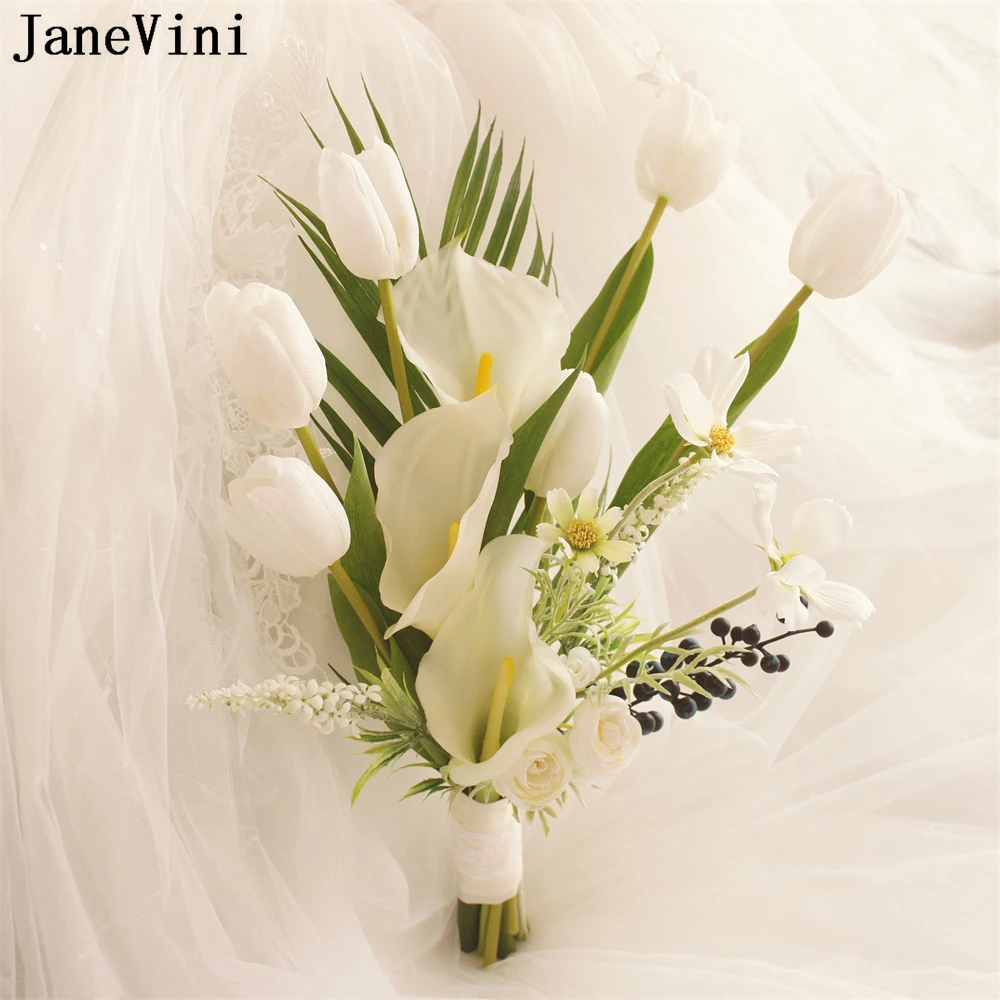 JaneVini-ramo de lirios blancos Para novia, Flores artificiales de tulipán bohemio Para dama de honor, ramo de Flores Para Boda