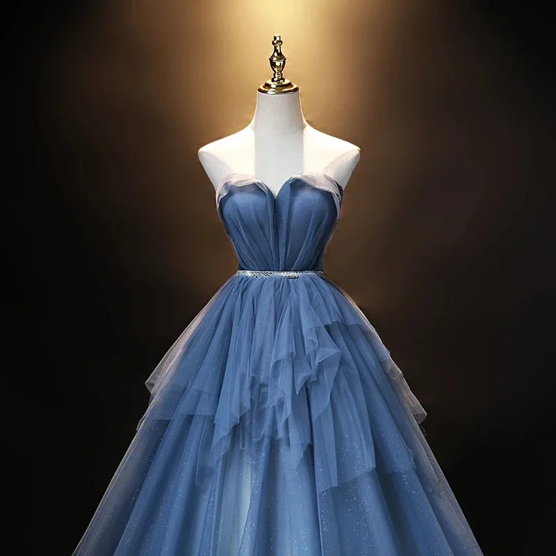 Strapless Bride Wedding Toast Banquet Host Evening Gown Starry Sky Haute Couture Adult Gown Cake Fluffy Skirt Customized