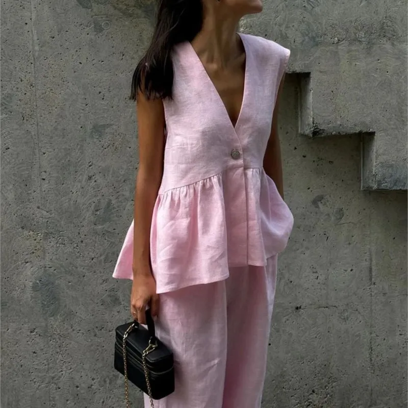 Commute Lady Sleeveless V Neck Vest Top Straight Pants Set 2 Piece Sets New Cotton Linen Suit Summer Single Button Loose Outfit