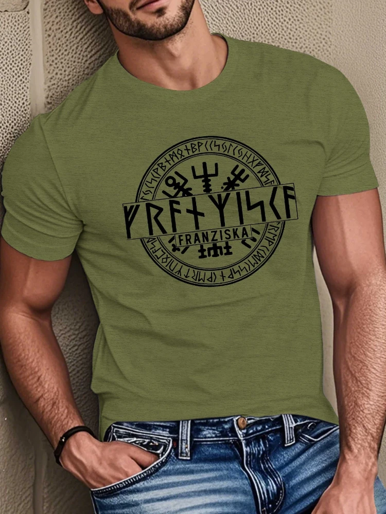 Nordic warriors Age Runic Inscriptions&Rune Symbols(Futhark Alphabet)design-100% cotton summer O-neck printed men's T-shirt.