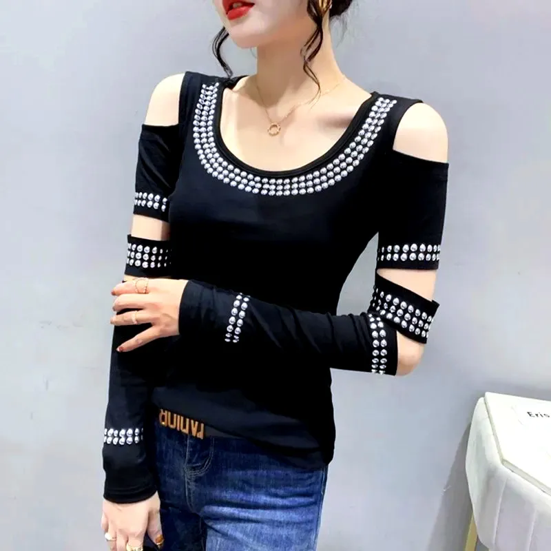 

Spring Women Hollow Oout Sexy Blouse O Neck Sequined Fashion Club Tees Ladies Black Green Slim Tops Tees Shirts NS143