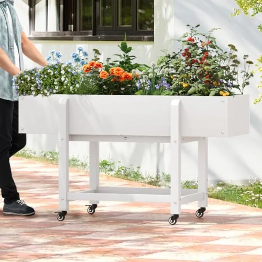 Raised Garden Bed with Wheels, 48 * 16.7 * 28 in, Poly Elevated Outdoor Planter Box with Tools, Weather Resistant, Standing Gro