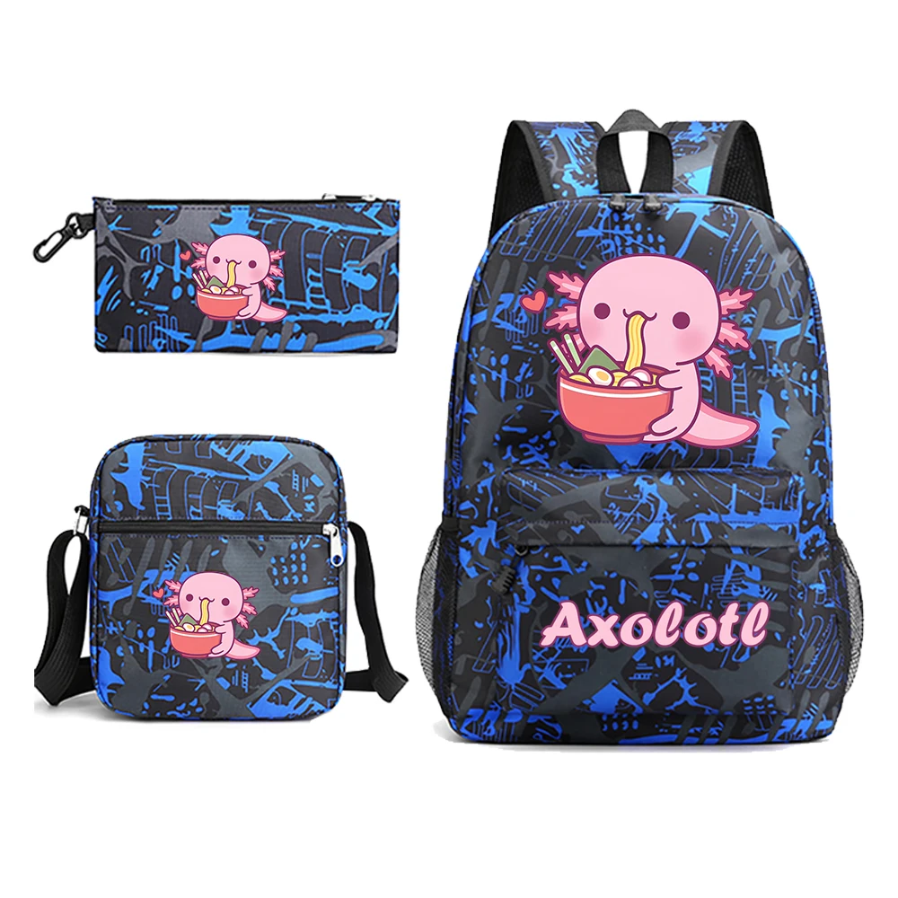 

Cute Axolotl Loves Eating Noodles Backpack Set Student School Bag Shoulder Bag Pencil Case 3-Piece Set