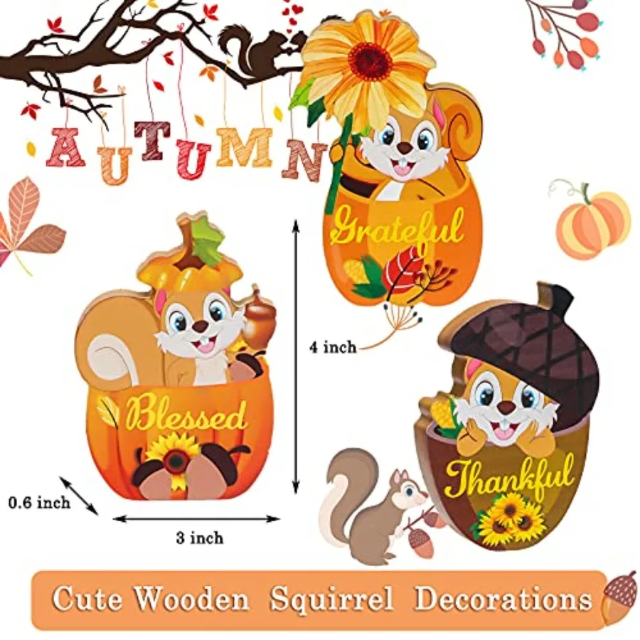 3 Pieces Thanksgiving Decor for Home Fall Wooden Sign Thankful Grateful Blessed Pumpkin Fall Tiered Tray Decor Squirrel Acorns