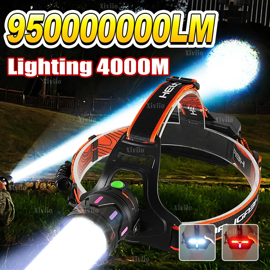 

Мощный светодиодный налобный фонарь 95000000LM, дальность 4000 м, перезаряжаемый, на аккумуляторе 18650, COB, высокомощный, для рыбалки