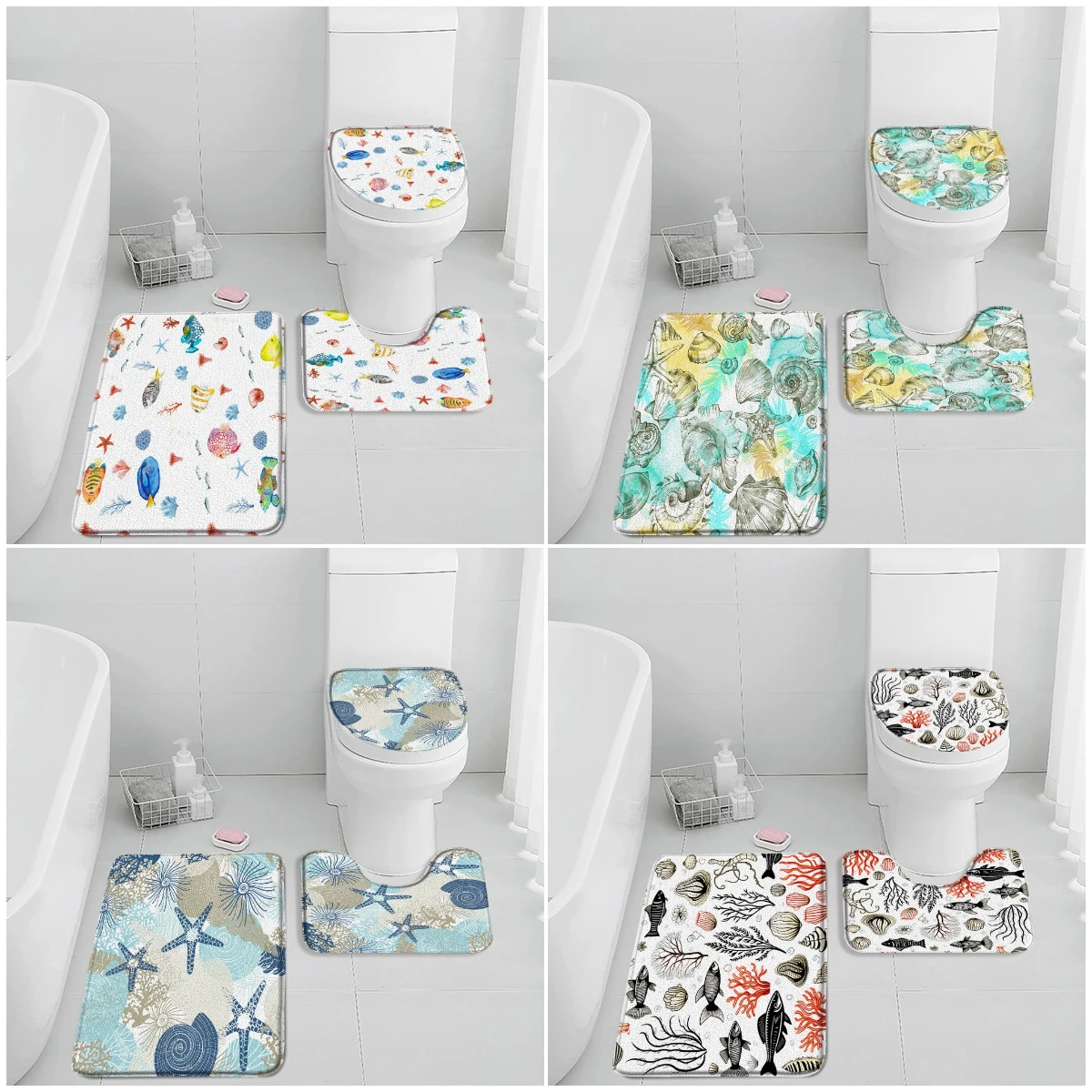 子供のためのオーシャンバスマットセット、マリンライフ、トロピカルフィ、貝殻、ヒトデ、サンゴ、バスルームの装飾、航海のバスタブ、トイレのふたカバー