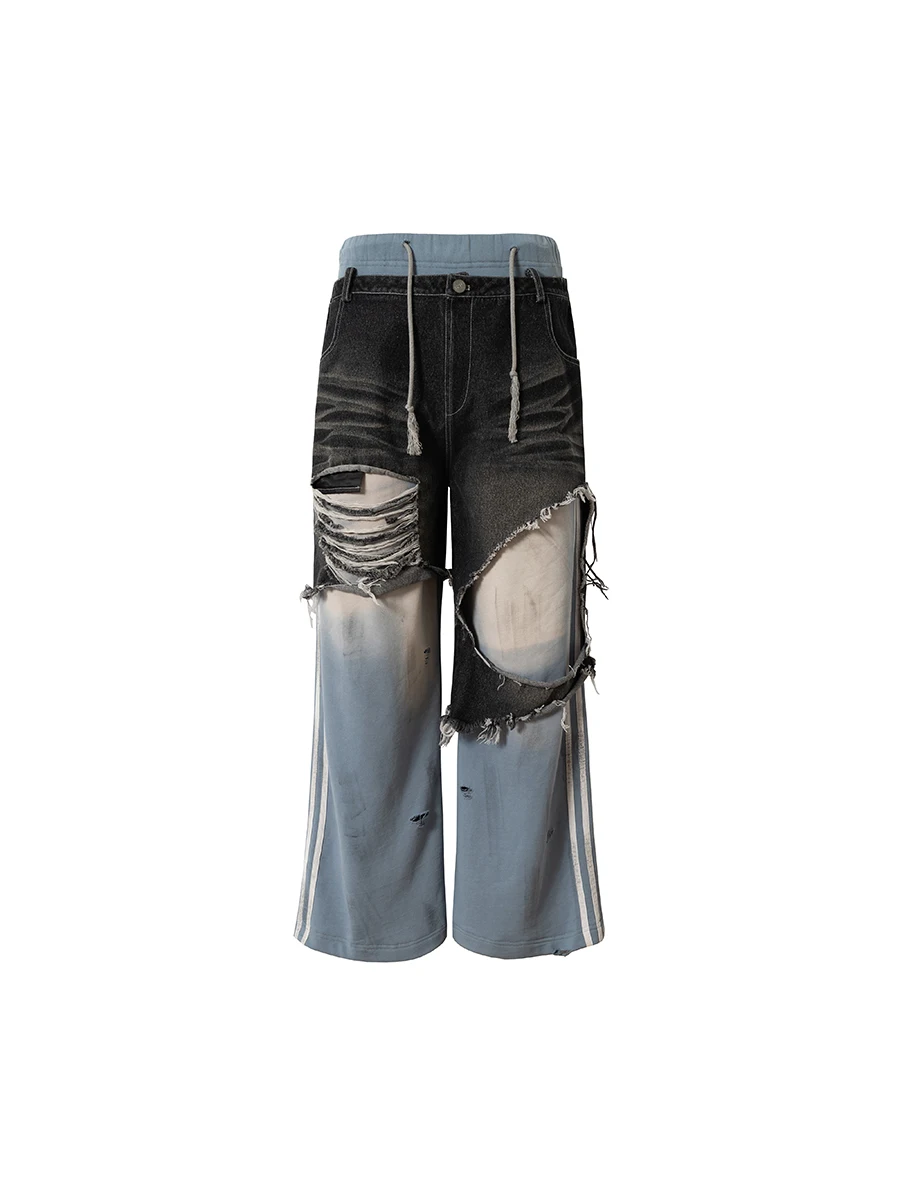 

American Street Style Spliced Fake Two-Piece Jeans Heavyweight Trendy Design Wide Leg Long Pants Casual Wear for Youth