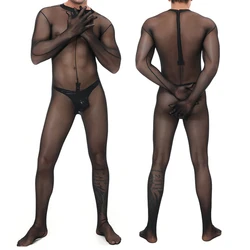 Tulumlar siyah Romper güreş takım örgü pürüzsüz tayt vücut şekillendirme Bodysuit erkekler seksi See-Through erkekler tek parça tulum takım elbise