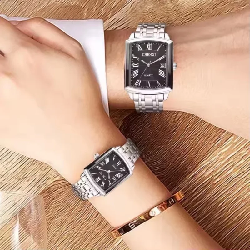 CHENXI 079A Fashion Dating Couple Quartz Watch Simple Simulation Display Stainless Steel Strap Square Men's and Women's Watches