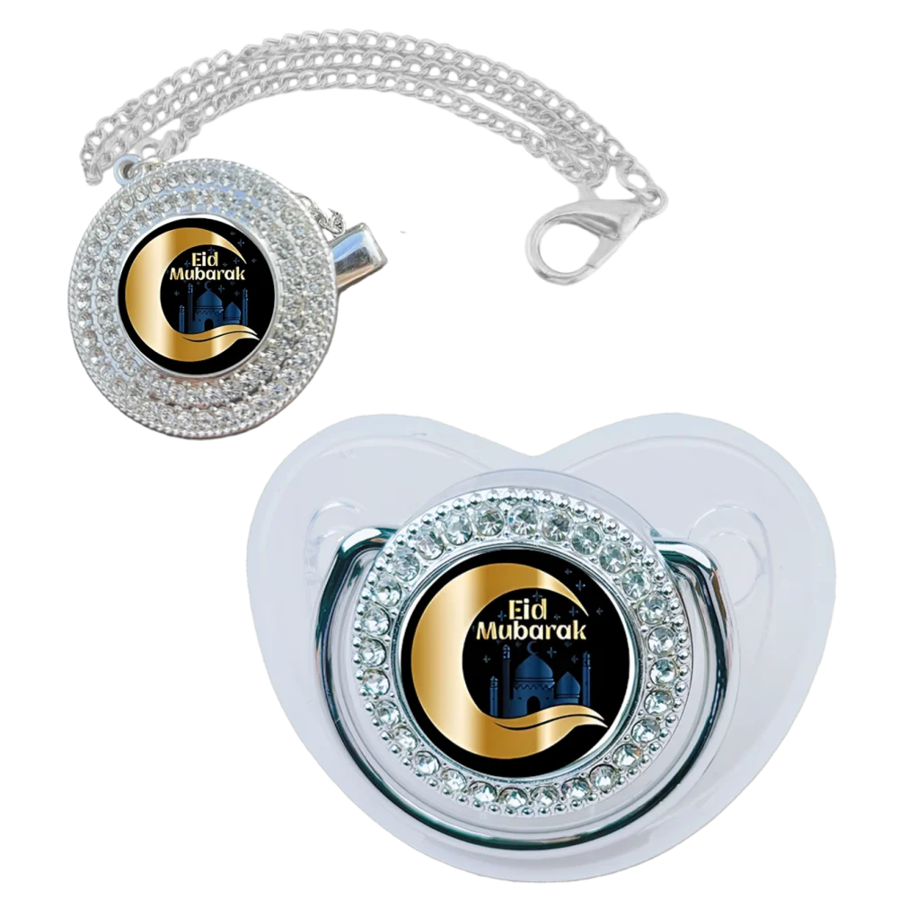 Muslim Mother & Baby Jewelry Set: Rhinestone-Embellished Pacifier + Necklace with Mosque Motif, Islamic Faith-Inspired Newborn P