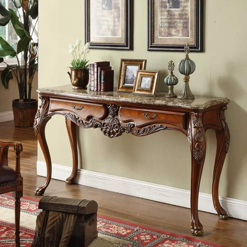 American rural full solid wood carving flower-painted gold entrance cabinet entry decoration entrance table European marble sofa