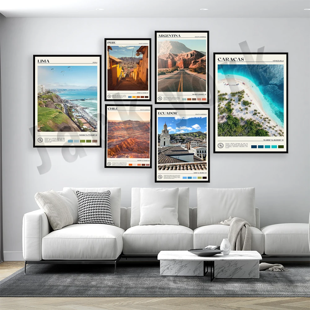 

Chile Valle de la Luna South America, Caracas, Peru Lima, Argentina, Ecuador Quito, Brazil Corcovado South America travel poster