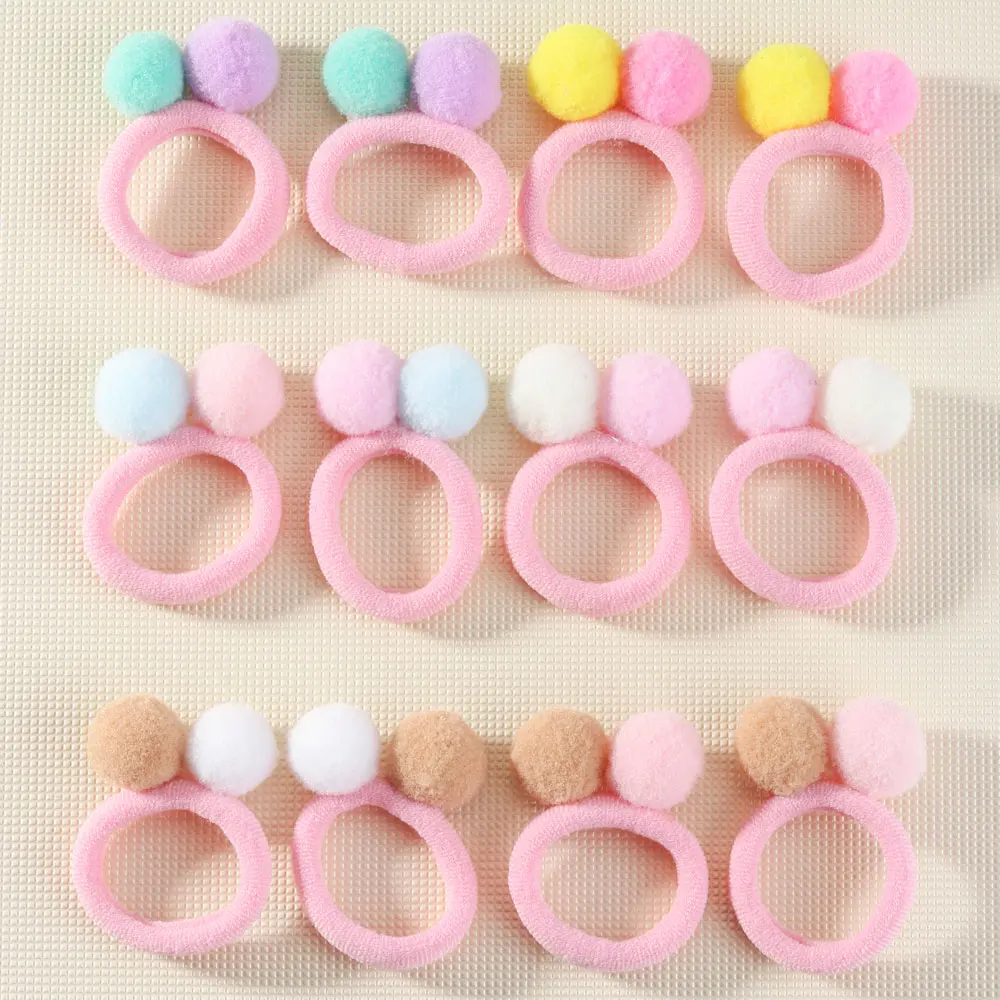 12PCS Candy Hair Band For Girls Plush Balls Rubber Hair Ties Elastic Nylon Ponytail Holder Sweet Scrunchie Baby Hair Accessories images - 6