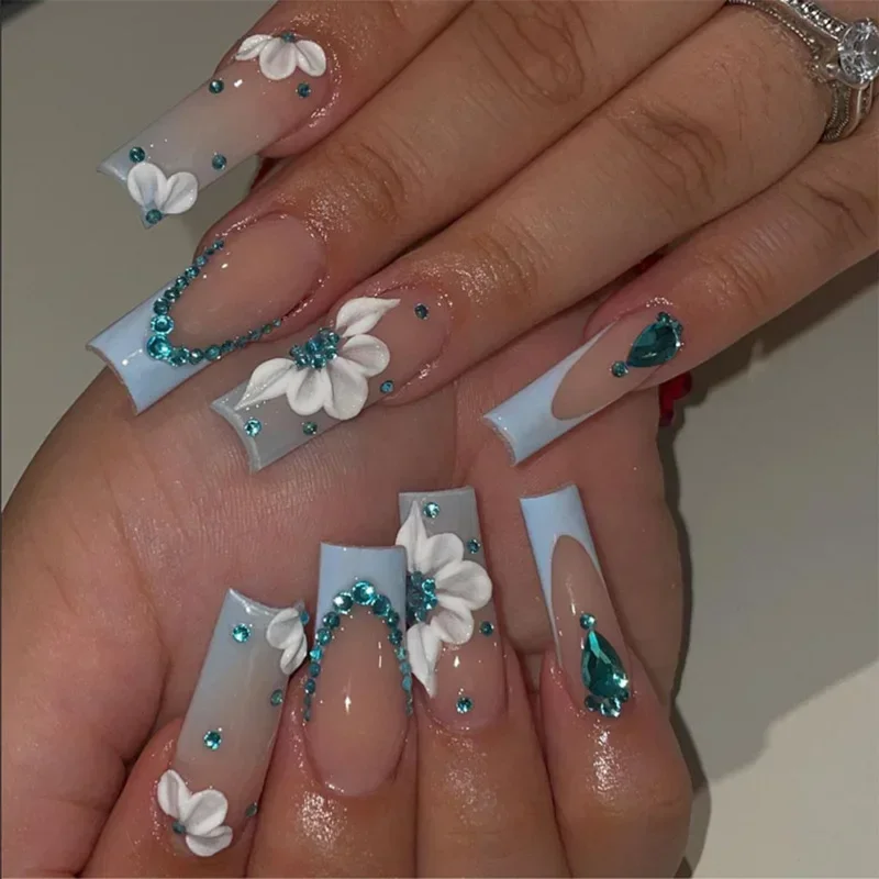 24Pc Long Square French False Nails with Flower Rhinestone Design Blue Fake Nails Tips Wearable Ballet Full Cover Press on Nails