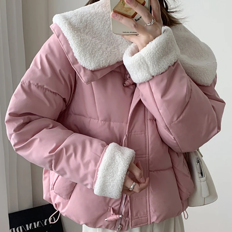 ITOOLIN New Winter Doll Collar Fashionable Casual Warm Cotton Clothing Lamb Wool Cotton Blend Women's Clothing Cotton Clothing