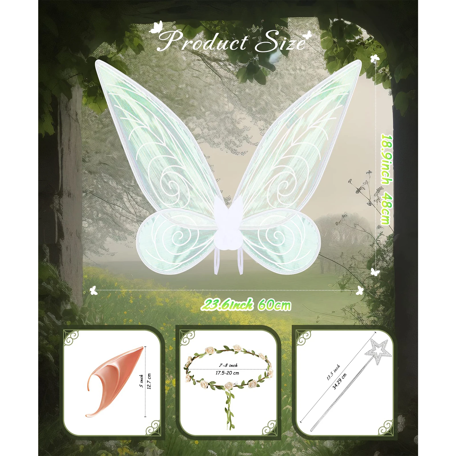 Fairy Costume Accessories Sparkling Butterfly Wings Birthday Halloween Costume Fairy Accessories Flower Crown Wand with Elf Ears