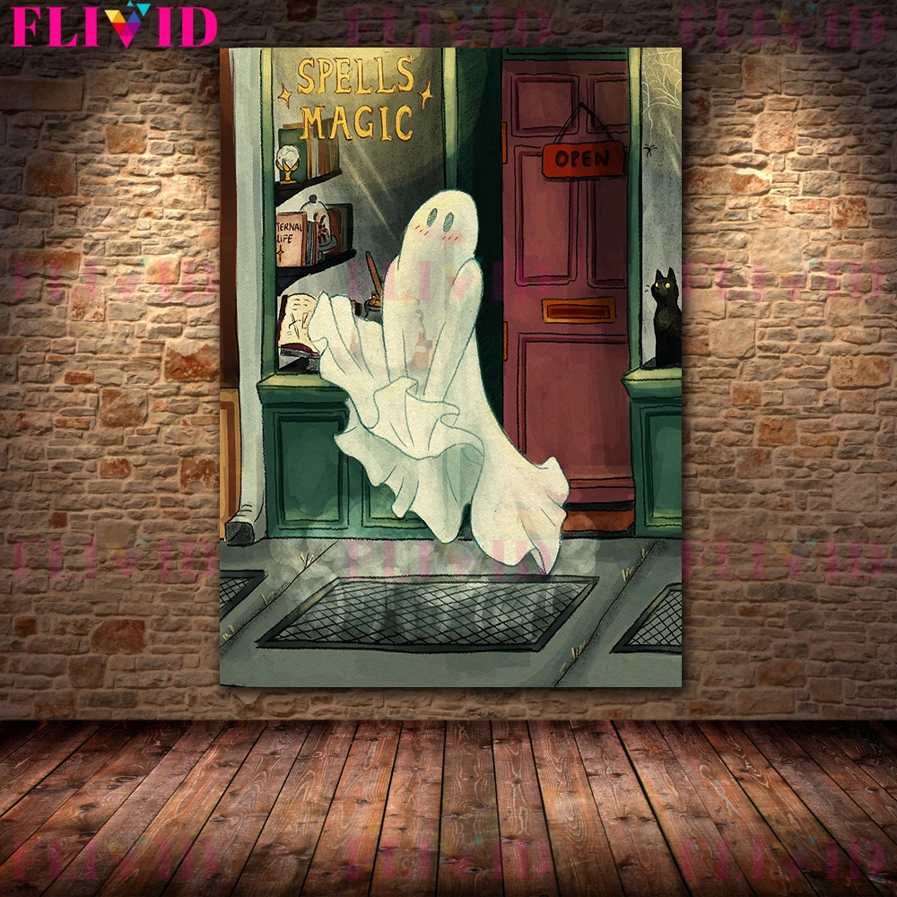 Spell Shop,Spooky Grocery,Cat Ghost Lady,Camping Ghost Wall Art Poster Print Lovely Ghost Life Canvas Painting Home Decoration