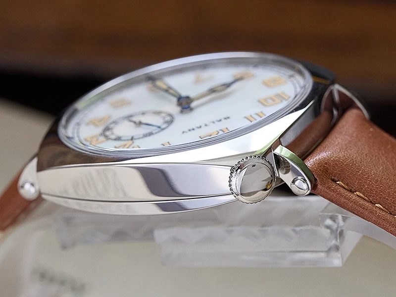 Baltany S4071 Retro-Herrenuhr in Kissenform, automatische mechanische Uhr mit Perlmutt-Zifferblatt und blauen Zeigern, elegante Kleideruhr für den täglichen Gebrauch im Büro – Detail 7