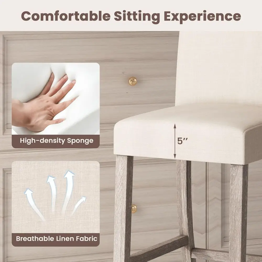 Juego de 2 24,5 taburetes de bar tapizados en color beige con patas de caucho para uso en cocina, comedor y bar