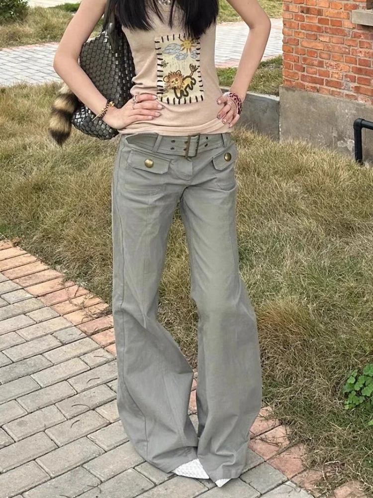 

Deeptown Vintage Wide Leg Cargo Jeans Women Y2k Low Waist Pockets American Style Straight Denim Trousers Baggy Casual Streetwear