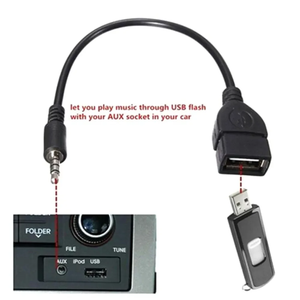 3 5mm Male Jack- To USB 2 0 Female Type AUX Audio Plug Adapter Cable Black- 20cm Read USB Flash Drive ABS Car Accessories