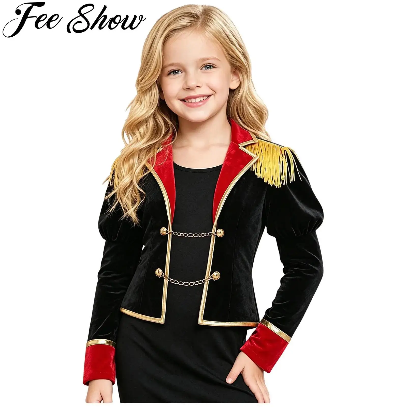 Girls Circus Ringmaster Costume Halloween Cosplay Drum Marching Band Uniform Long Puff Sleeve Fringe Epaulet Metal Chain Jacket