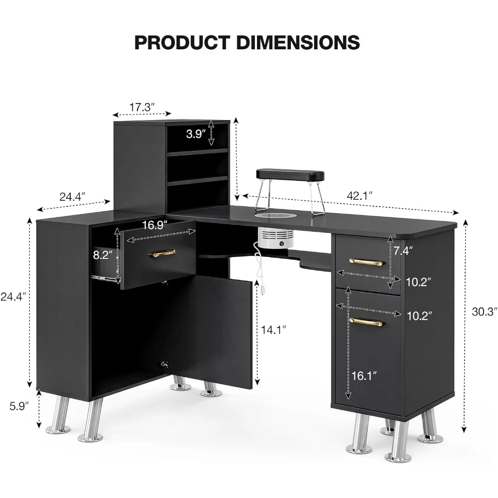 Paddie L-Vormige Manicure Tafel Nail Station Met Planken, Nail Tech Tafel Nail Tafel Station W/Stof Collector, Opbergkasten