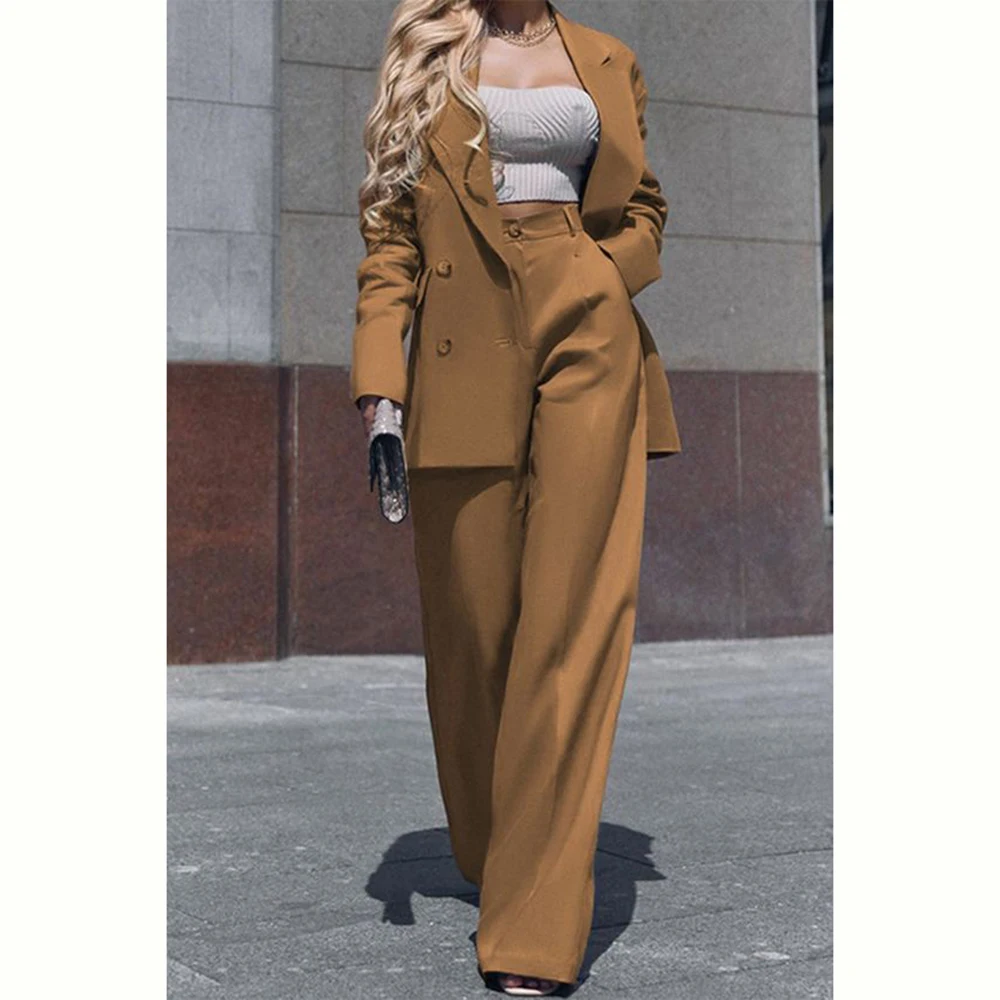 Chic and Elegant Woman Jacket Pants Set 2 Piece Jacket Pants Double Breasted Female Clothing Slim Fit Office Lady Blazer Set