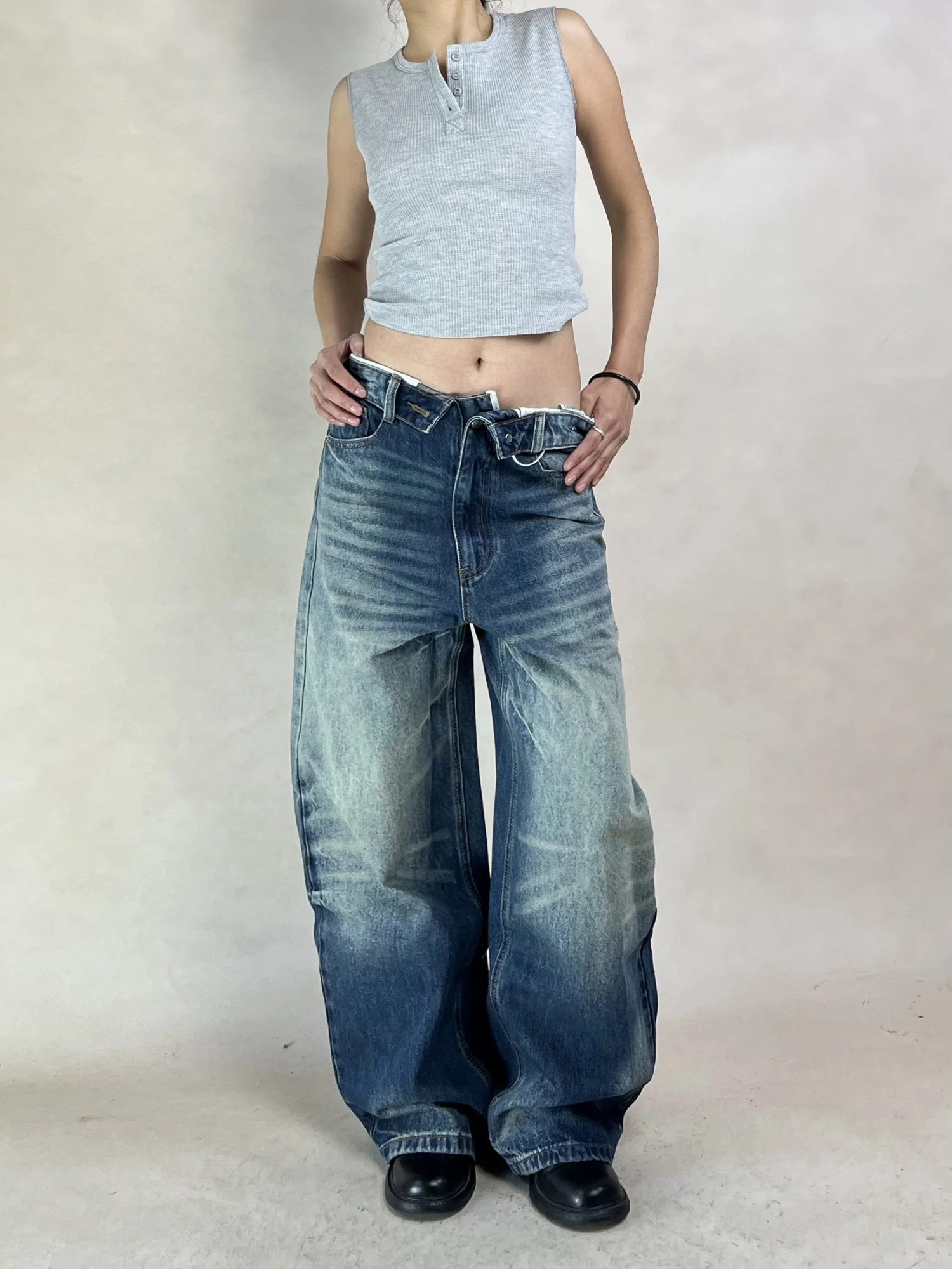 

DINA 2026 Spring New Vintage Texture Loose Design Sense Cuffed Waist High Waist Wide Leg Jeans Women's Loose Fit l Wais...